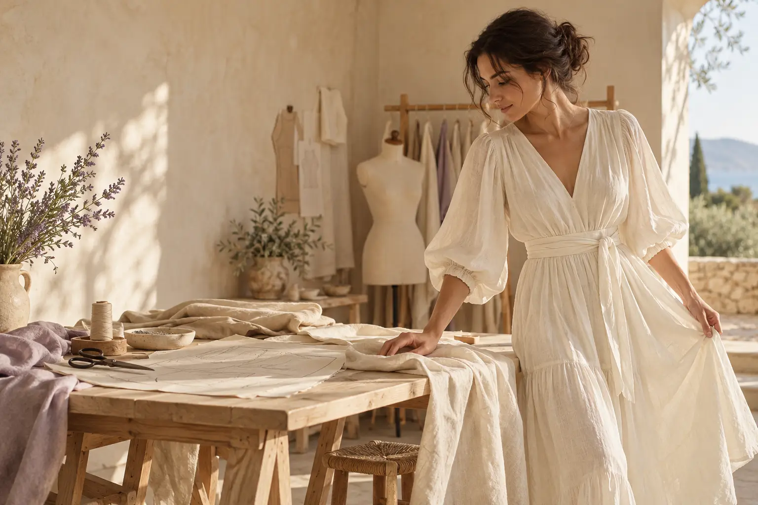 Vestido de lino marfil junto a una mesa de costura iluminada por el sol